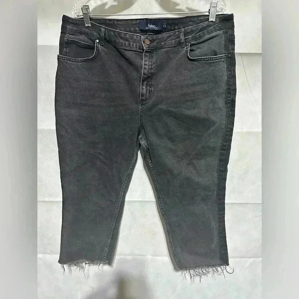 BODEN Womens The Cavendish Girlfriend Black Cropped Capri Jeans Frayed Hem Sz 16